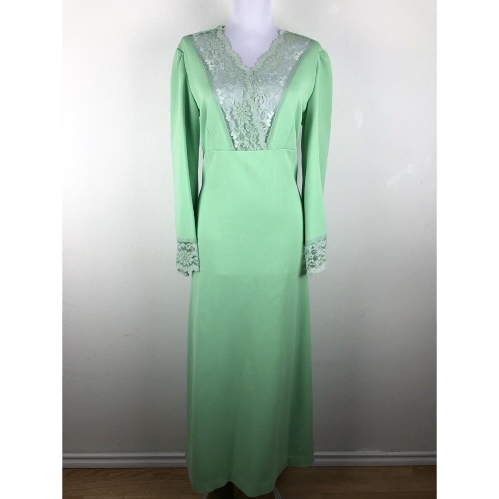 Vintage 1960s Maxi Dress Polyester Floral Lace Long Sleeves Green M L